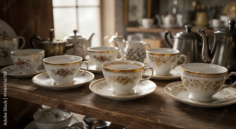 Obraz premium Antique Teacups and Saucers A Collection of Vintage Porcelain