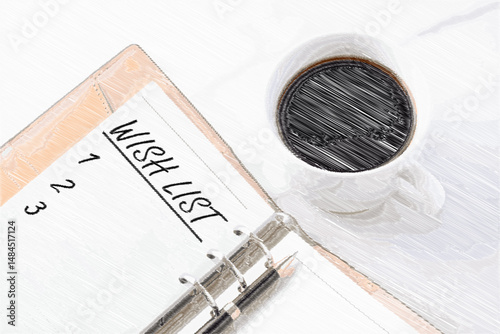 WISH LIST - Hand Written words WISH LIST and 1 2 3 on open notebook, organizer with cup of coffee and pen, life and business motivational inspirational concept
