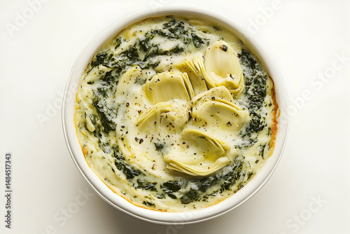 Creamy spinach and artichoke dish in small bowl.