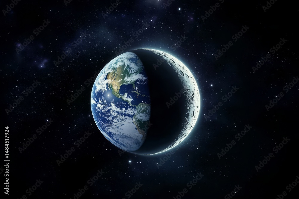 Obraz premium Stunning view of Earth and Moon against a dark outer space backdrop.