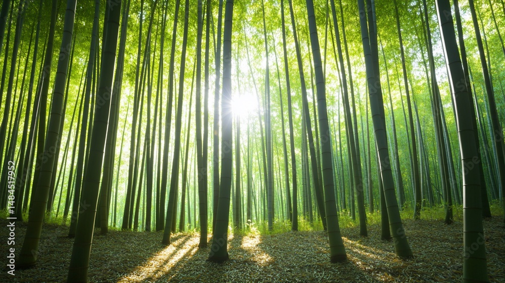 Fototapeta premium Sun shines through a grove of tall green bamboo trees