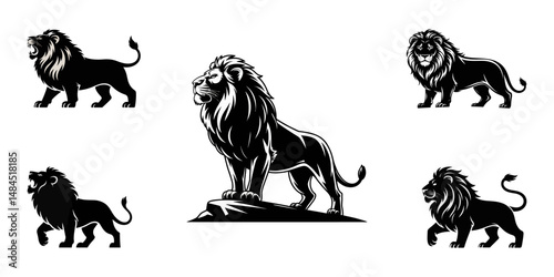 lion silhouettes set, roaring lion black silhouette vector, Simple silhouette Design vector icon with white background, Silhouette lion collection - vector illustration, illustration of a lion.
