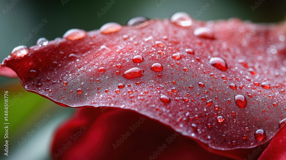 The vibrant red rose petal is adorned with droplets of water, reflecting light and creating a striking visual. The natural setting enhances the beauty of the flower The vibrant red rose petal is adorned with droplets of water, reflecting light and creating a striking visual. The natural setting enhances the beauty of the flower