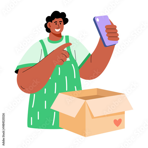 A flat illustration showing influencer unboxing package