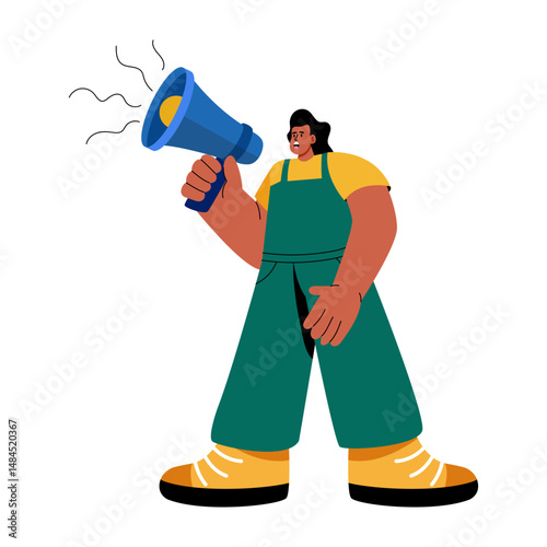 Person holding megaphone denoting concept of advertising, flat illustration