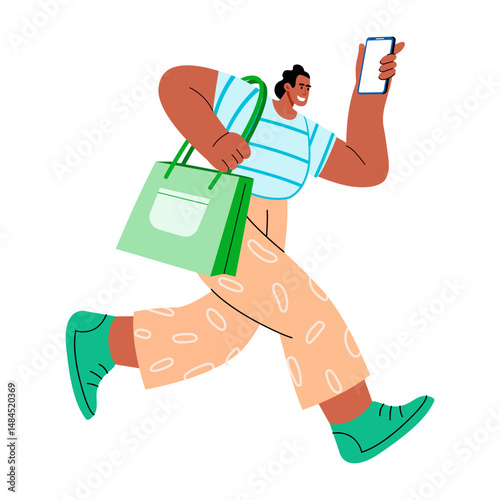 This flat illustration showing a buyer running with shopping bag