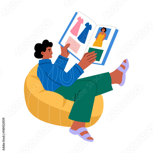 Person checking magazine ads, flat style illustration