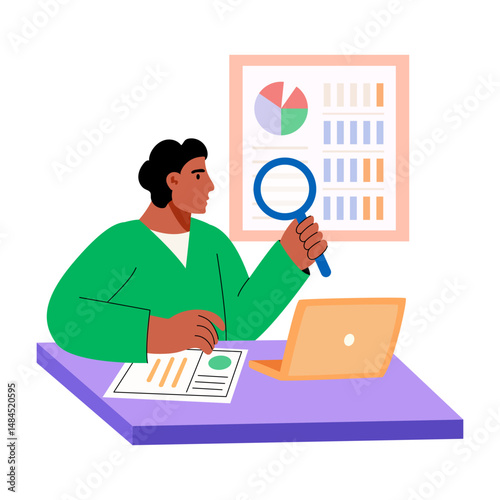 A flat illustration showing analyst reviewing data with magnifier