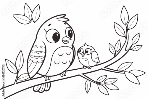 Cute kawaii bird and baby on the branch tree cartoon character coloring page vector illustration. Wild animal, mothers day colouring page for kids