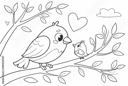 Cute kawaii bird and baby on the branch tree cartoon character coloring page vector illustration. Wild animal, mothers day colouring page for kids