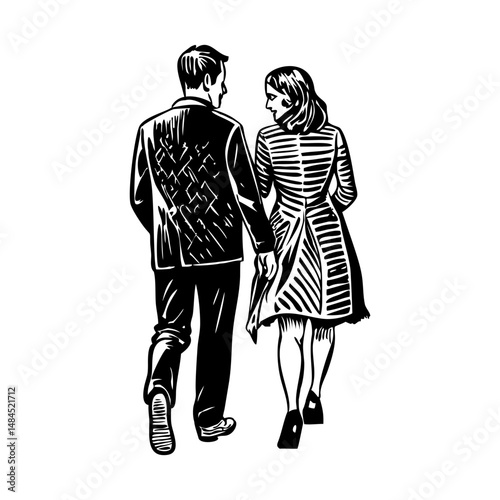A vintage style icon showing couple walk 