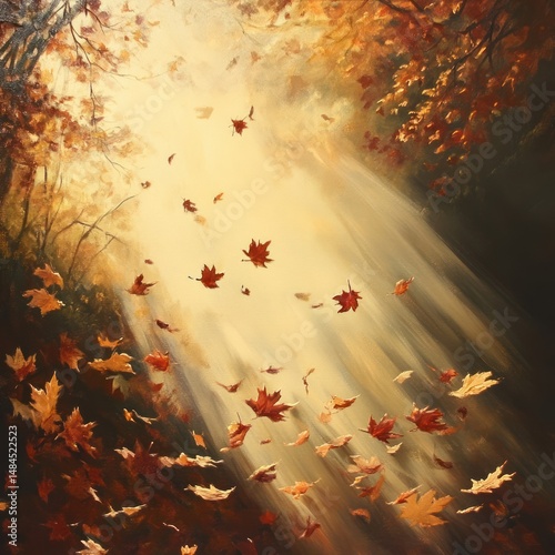 A gentle breeze carries autumn leaves through shafts of warm light.