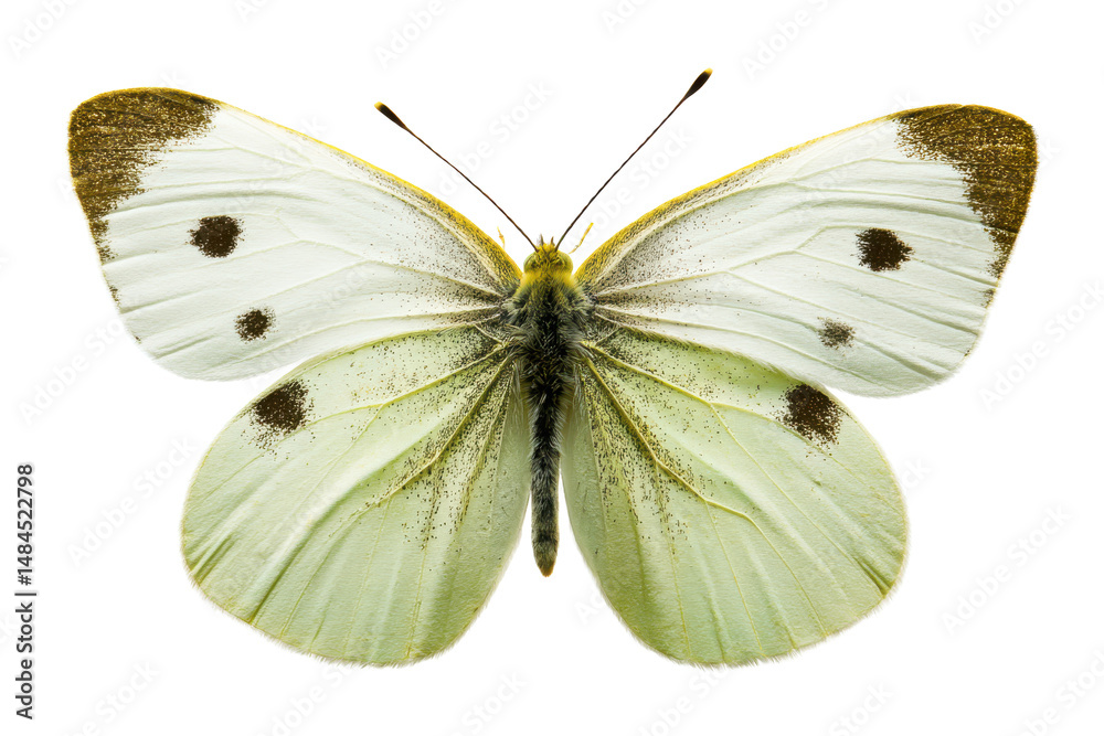 Fototapeta premium Close-up of a Pale Green Butterfly with Dark Spots, Isolated on White Background