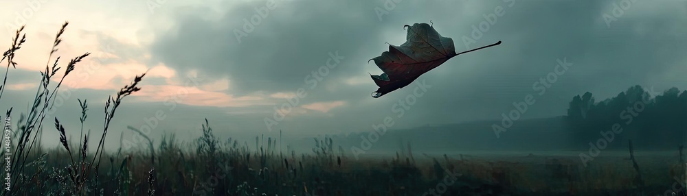 Obraz premium Blowing in the wind with sunrise over foggy meadow hill concept. A dramatic landscape featuring a leaf floating in the air.