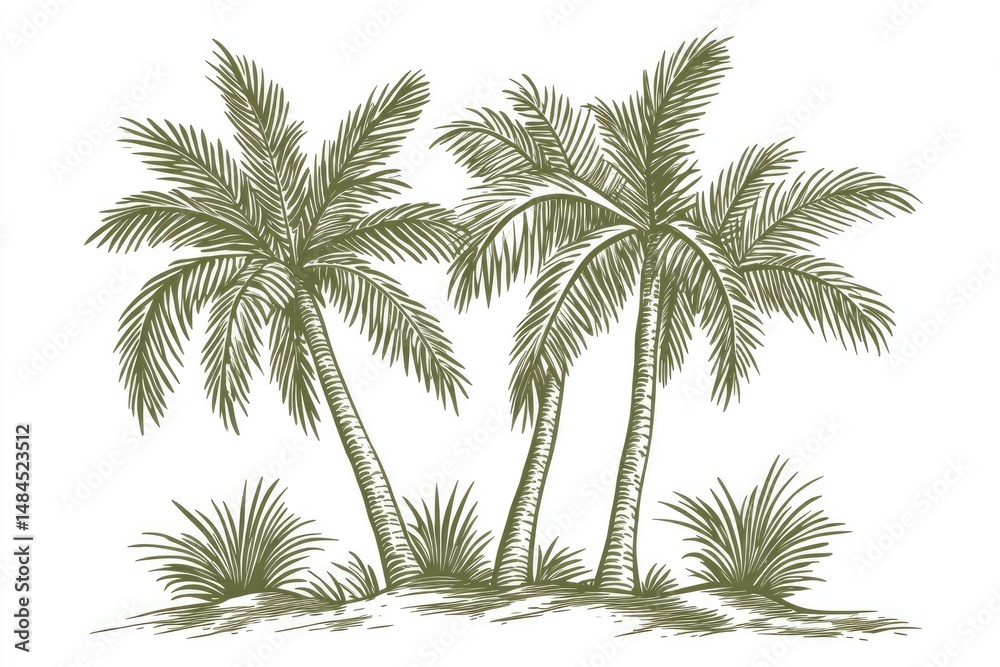 Obraz premium Vintage palm trees illustration. Two tall palm trees with lush fronds stand on a sandy base, surrounded by a patch of grasses. The detailed line art evokes a tropical island scene