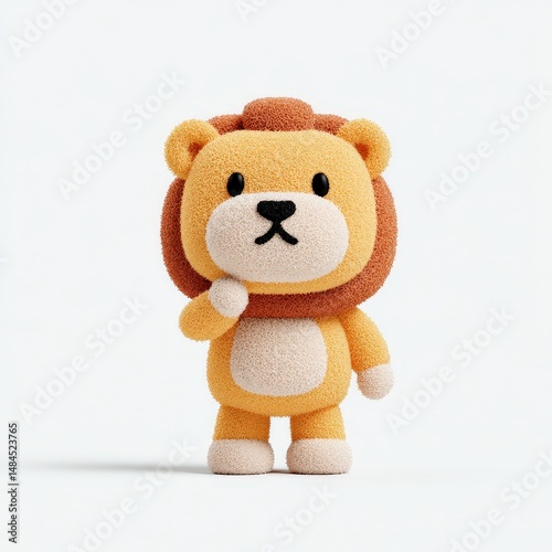 3D chibi lion making thinking gesture with paw on chin