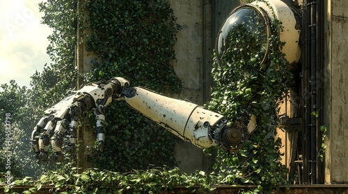 Overgrown Robotic Arm Amidst Ivy and Stone