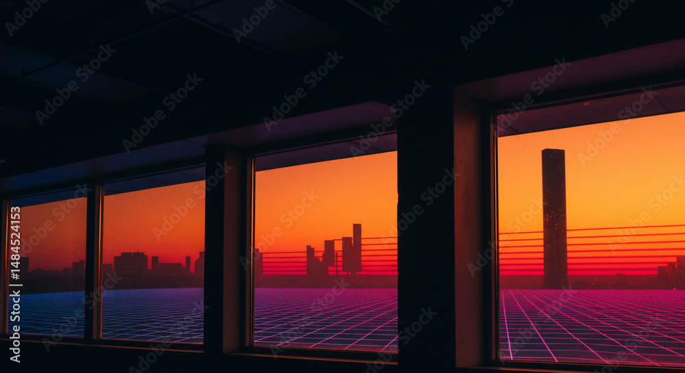 Fototapeta premium 夕焼け染まる未来都市、静かに広がるグリッド。窓辺からの眺め