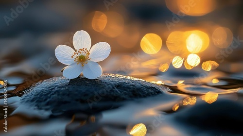 Delicate white flower on a rock in shallow water, golden bokeh
