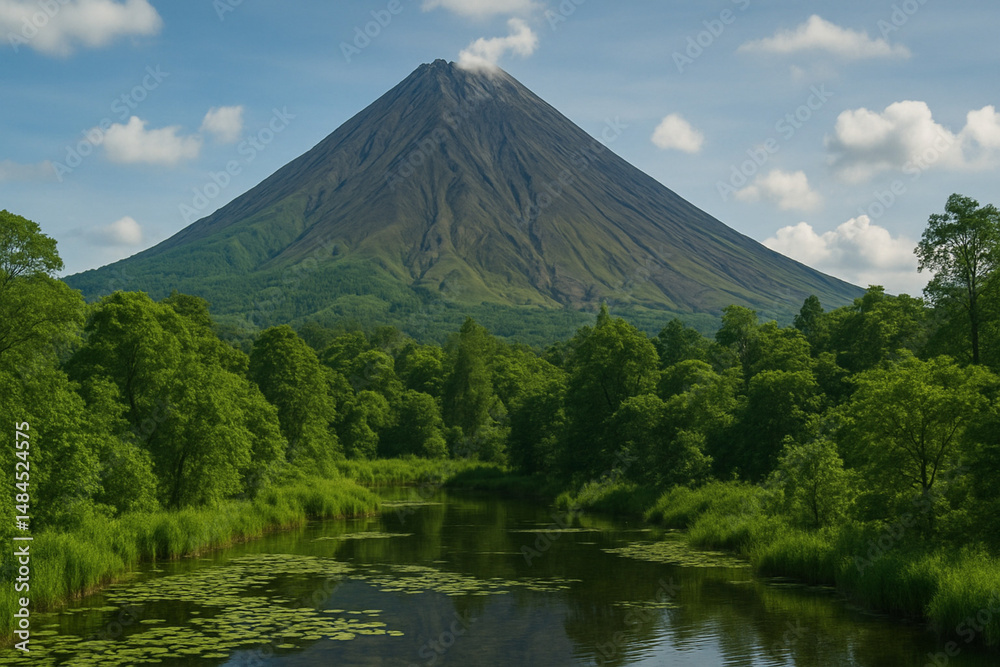 Fototapeta premium Majestic volcano with lush forest and a calm river under a partly cloudy sky