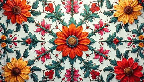 Intricate floral textile design, repeating motif, spring, elegant