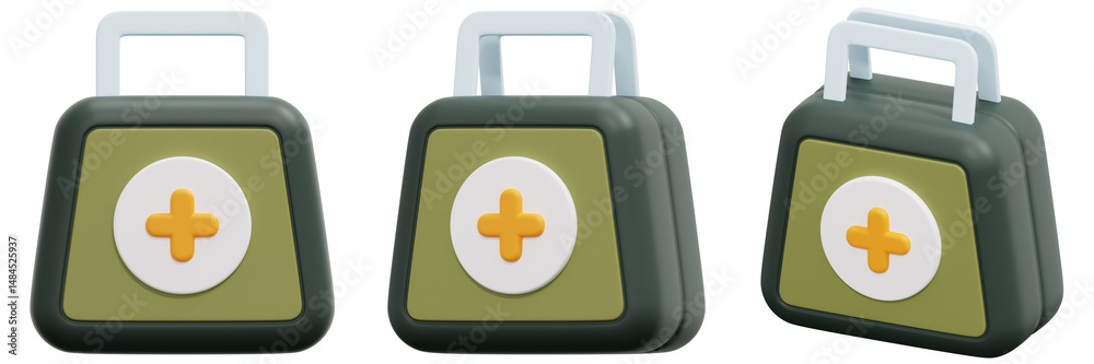Obraz premium Set of Olive Green First Aid Kits With White Plus Sign 3d Render Icon Illustration