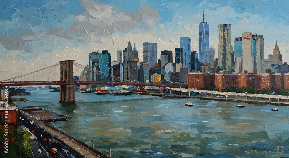 Naklejka premium Brooklyn Bridge and Manhattan Skyline: A Vibrant Impressionist Painting