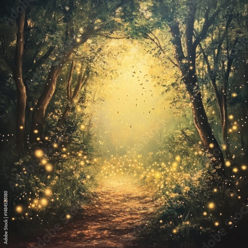 A secret glade where fireflies and golden mist swirl in a mesmerizing dance.--a --v 6.1 Job ID: e9ec1cdb-d672-4cce-9ea6-4d673d1b55f1