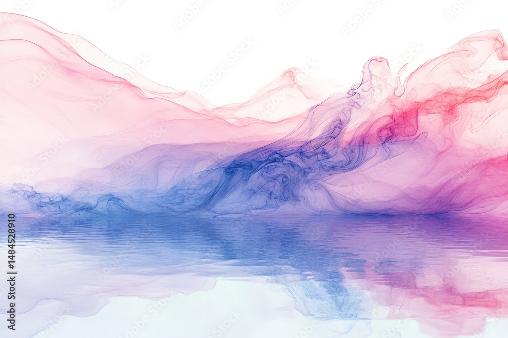 Fototapeta premium Abstract landscape of swirling, flowing colors, mirroring on a calm surface. Soft, ethereal, and dreamy, with a gradient of pinks, purples, and blues