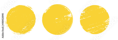 Yellow sun brush stamp watercolor paint shape sets. Hand drawn rough yellow circle shape ink brush stroke texture. Grunge circular rough badge background element pack. Vector illustration