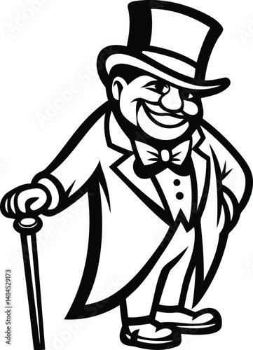 A cute cartoon and funny style illustration of a wealthy man vector, cartoon style illustration of a wealthy man silhouette and line art vector illustration design