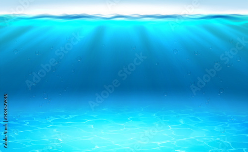 3d realistic vector illustration. Underwater deep blue sea or ocean with sand and sun rays.