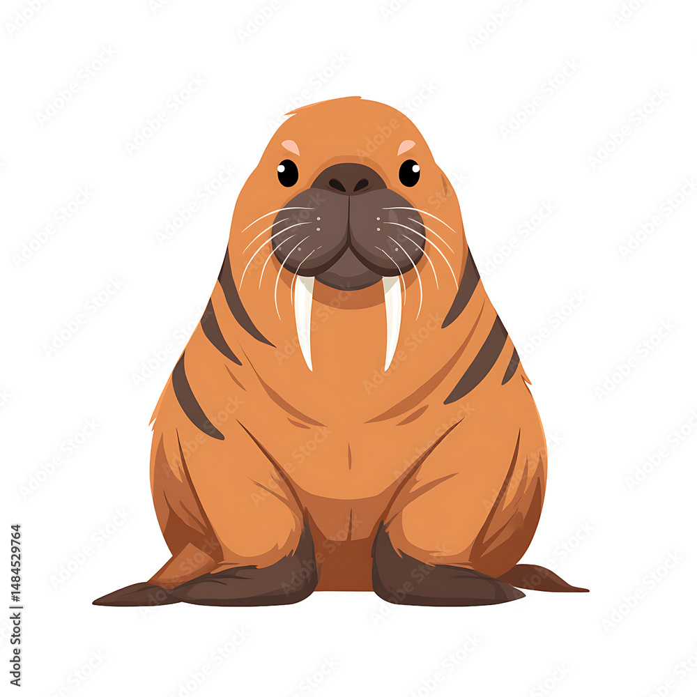 Fototapeta premium A charming cartoon illustration of a walrus in a sitting position, exuding cuteness with its large tusks