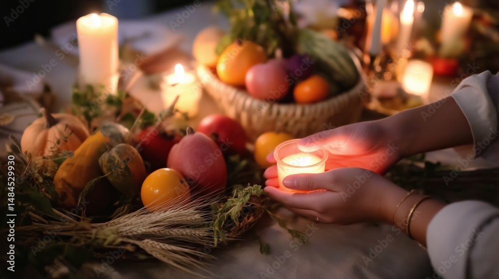 Warm candlelight enhances a cozy gathering featuring seasonal fruits and decor in an intimate setting during autumn evenings
