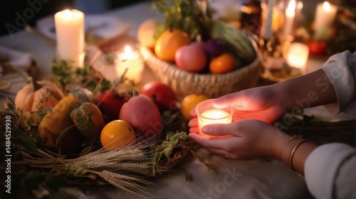 Obraz na płótnie Warm candlelight enhances a cozy gathering featuring seasonal fruits and decor in an intimate setting during autumn evenings w salonie