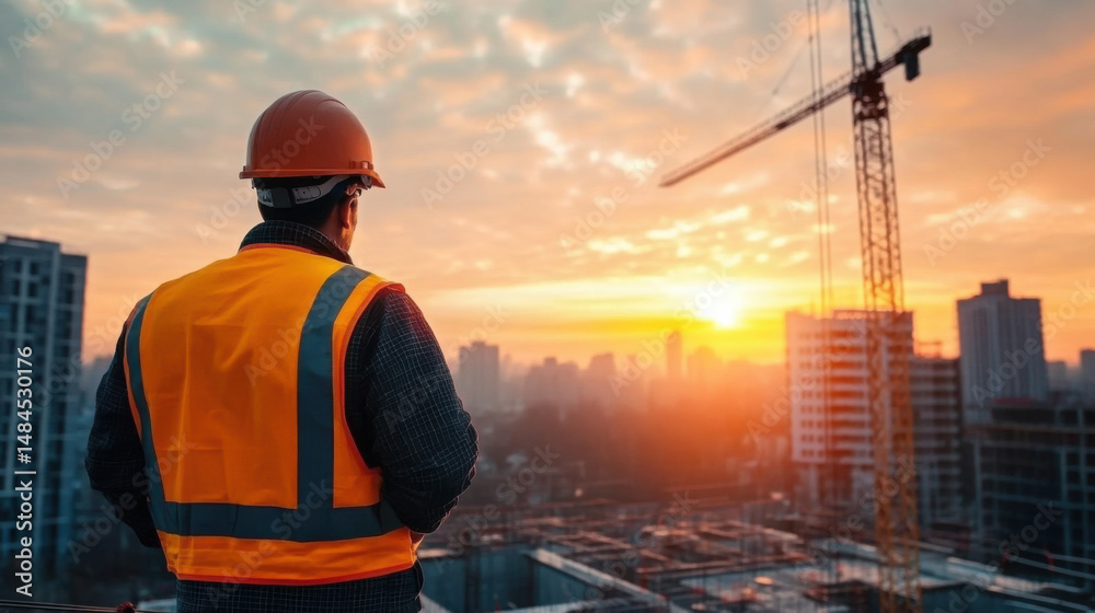 Construction worker in safety vest observing a building site at sunrise Construction worker in safety vest observing a building site at sunrise