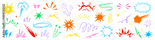 Cartoon comic element speed effect doodle line set. Comic boom motion, explosive energy, line speed cartoon vector graphic icon. Hand drawn cute sketch doodle effect. Vector illustration