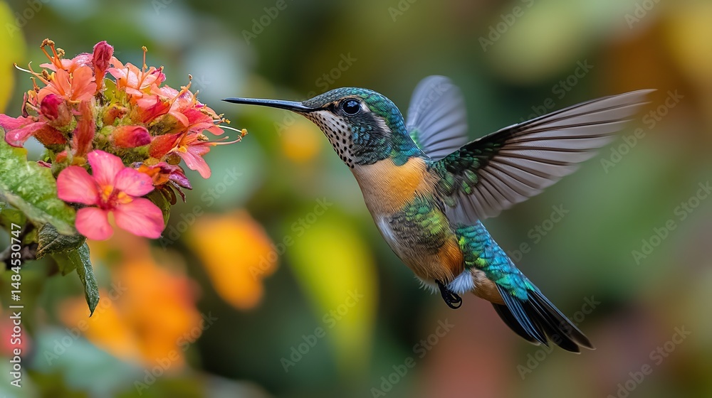 Fototapeta premium A close-up of a hummingbird in flight, its wings a blur as it hovers near a colorful flower to sip nectar A marvel of agility and natural beauty