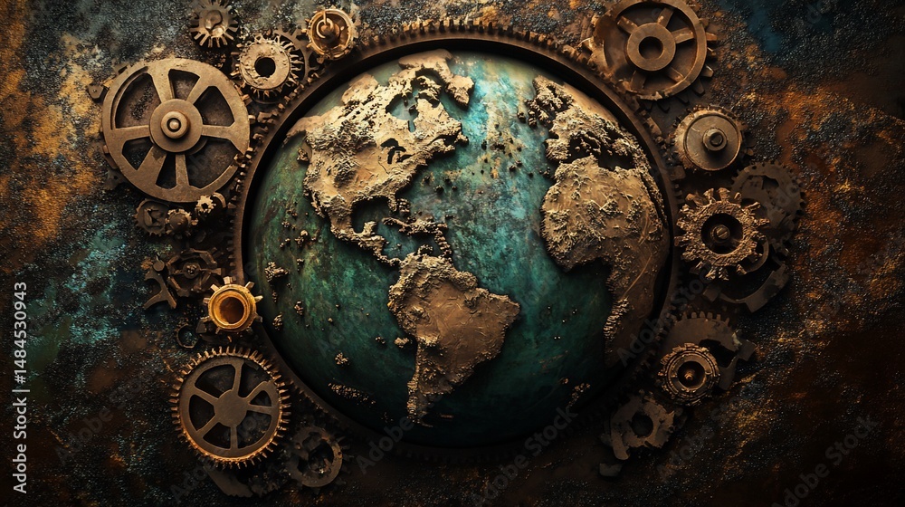 Naklejka premium Steampunk Earth Globe Surrounded by Intricate Gears and Cogs on Textured Surface