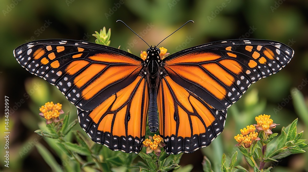 Fototapeta premium A close-up of a monarch butterfly on a milkweed plant, its vibrant orange and black wings a symbol of migration