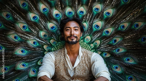 A close-up of a peacock's elaborate tail feathers, showcasing their iridescent colors and intricate patterns The display is magnificent and proud