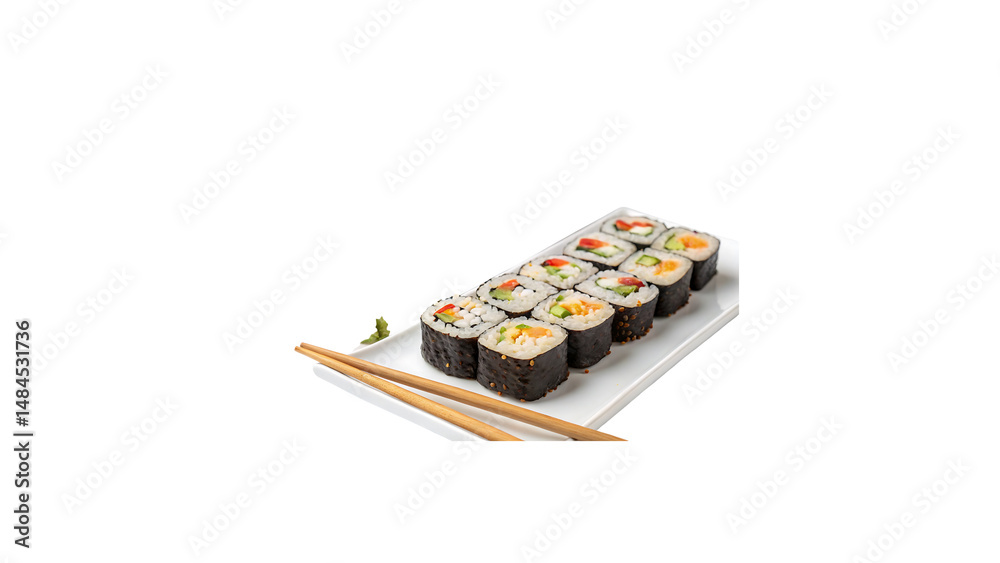 Fresh Sushi Rolls Served with Chopsticks and Soy Sauce Dish on White Background – Traditional Japanese Cuisine Presentation