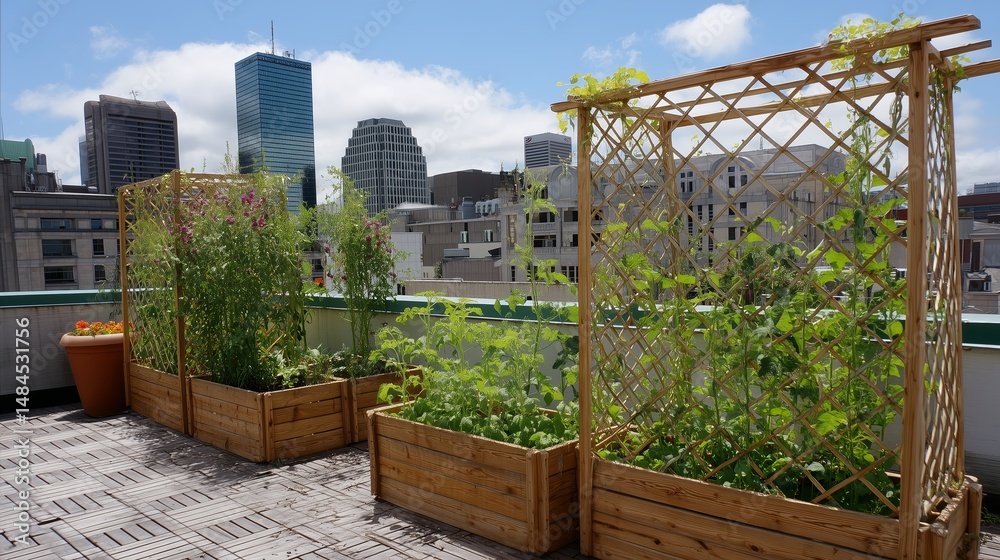 Rooftop garden in an urban setting showcasing vibrant plants and city skyline on a sunny day