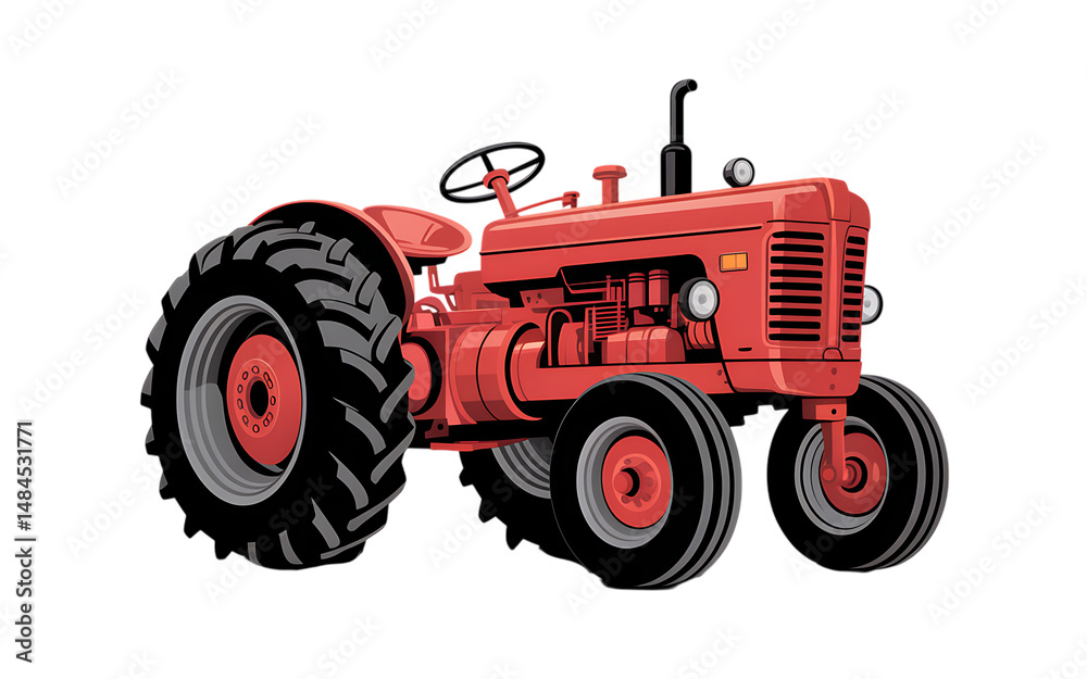 Obraz premium Flat-style illustration of a red farm tractor with large wheels and engine details on a white background in PNG format