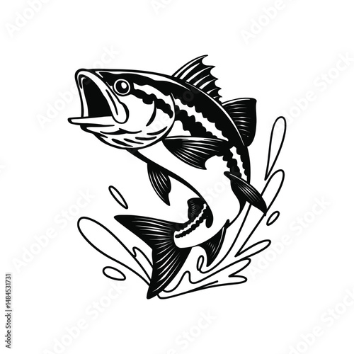 Black and white illustration of a bass fish jumping out of the water