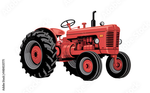 Flat-style illustration of a red farm tractor with large wheels and engine details on a white background in PNG format