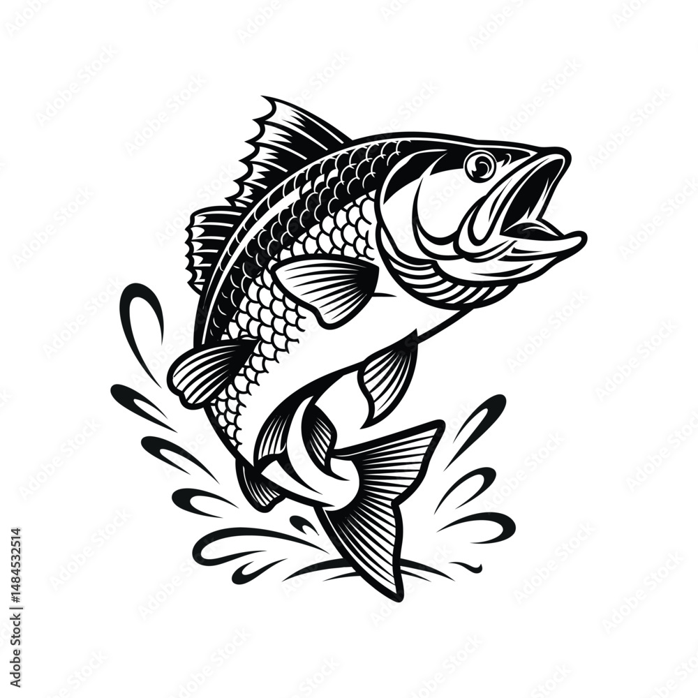 Bass fish jumping out of water isolated on a white background Bass fish jumping out of water isolated on a white background