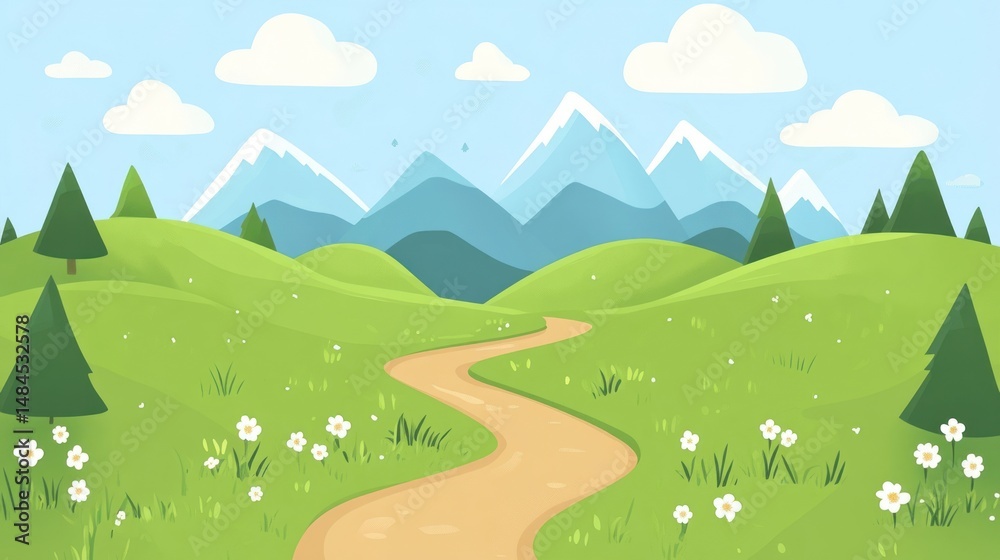 Fototapeta premium An outdoor trail in the mountains outdoors green illustration.