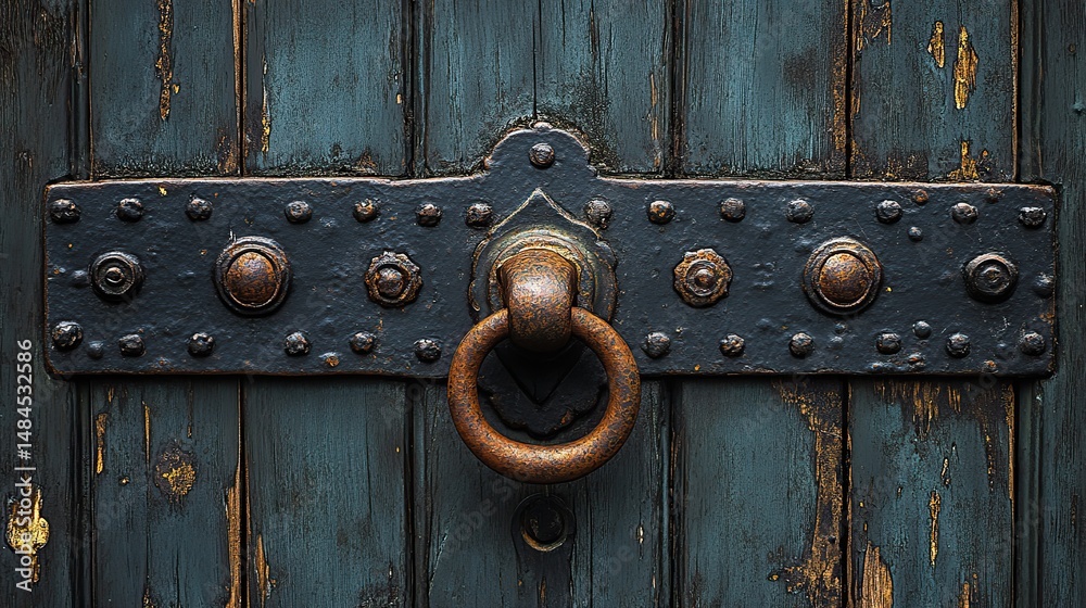 Fototapeta premium A close-up of a weathered, wooden door with intricate carvings and a rusty metal handle, hinting at a hidden story