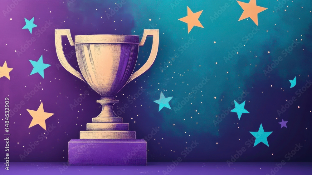 purple trophy with beige and blue stars in the background purple trophy with beige and blue stars in the background